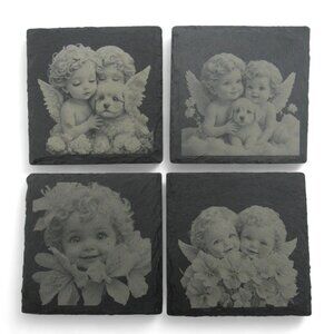 COASTERS CHERUB Angel Themed Personalizable Black Slate Set Of 4 Child and Puppy
